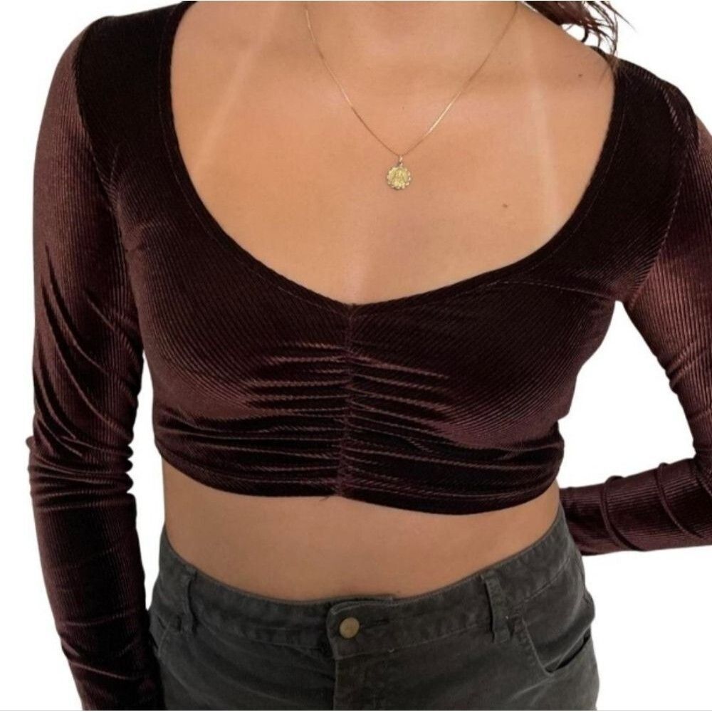 Urban Outfitters Brown Velvet Crop Top Medium Long Sleeve Y2k Womens Teen Cute